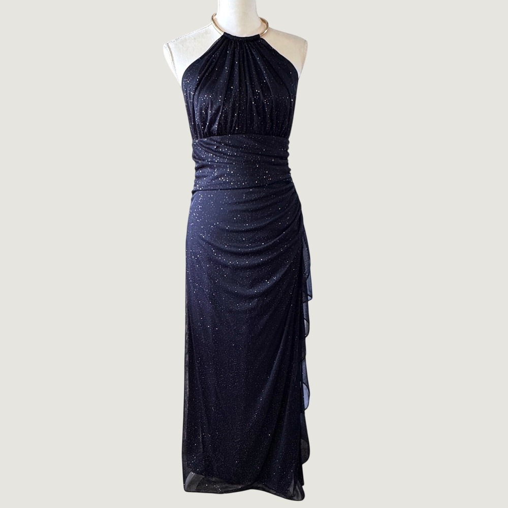 Blondie Nites Stacy Sklar Navy Glitter Halter Gown Gold Collar Ruched Dress 11